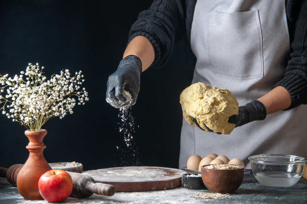 front-view-female-cook-rolling-out-dough-dark-job-dough-pie-oven-pastry-kitchen-hotcake-cuisine-bakery-egg